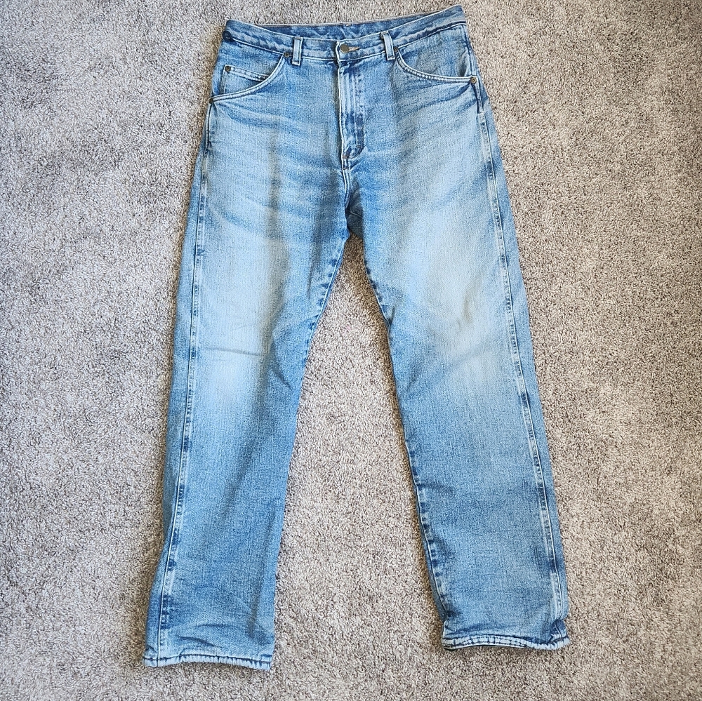 Wrangler Fleece Lined Jeans Mens 34x31 Rugged Wear Light Wash Straight Leg